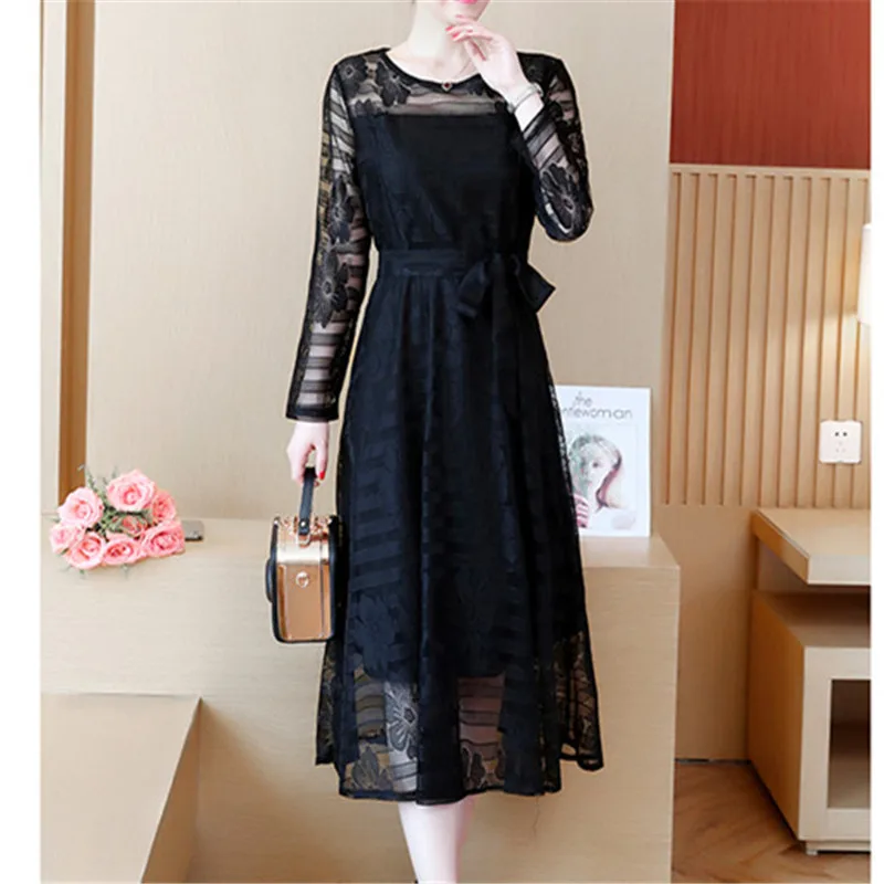

Korea O Neck With Belt High Waist Long Sleeve Women New 2019 Fashion Plus Size Autumn Elegant Solid Casual Dress Vestidos