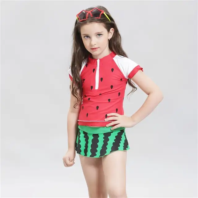 Girls Swim Wear 2017 Bikini Short Sleeve Two Piece Kids Swimwear Print