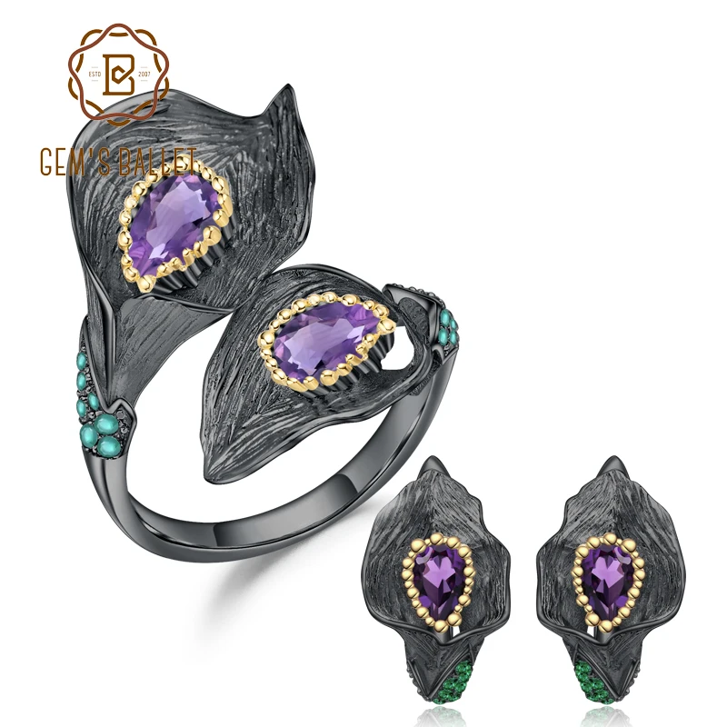

GEM'S BALLET 2.5Ct Natural Amethyst Vintage Jewelry Set For Women 925 Sterling Silver Calla lily Flower Open Ring Earrings Sets