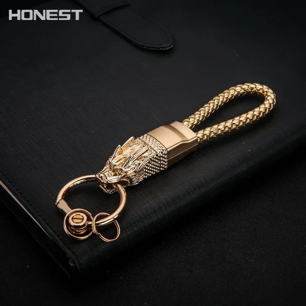 Бренд HONEST Dragon, брелки, мужские брелки, автомобильный брелок для ключей, кольцо, ювелирная сумка, подвеска, натуральная кожа, веревка, подарок, высококачественный брелок - Цвет: Metal Gold