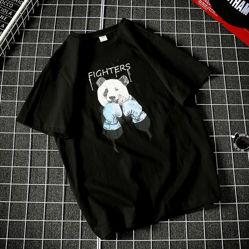 Короткий рукав хлопок смешно футболки мужские панда истребитель печати oversize 5xl в