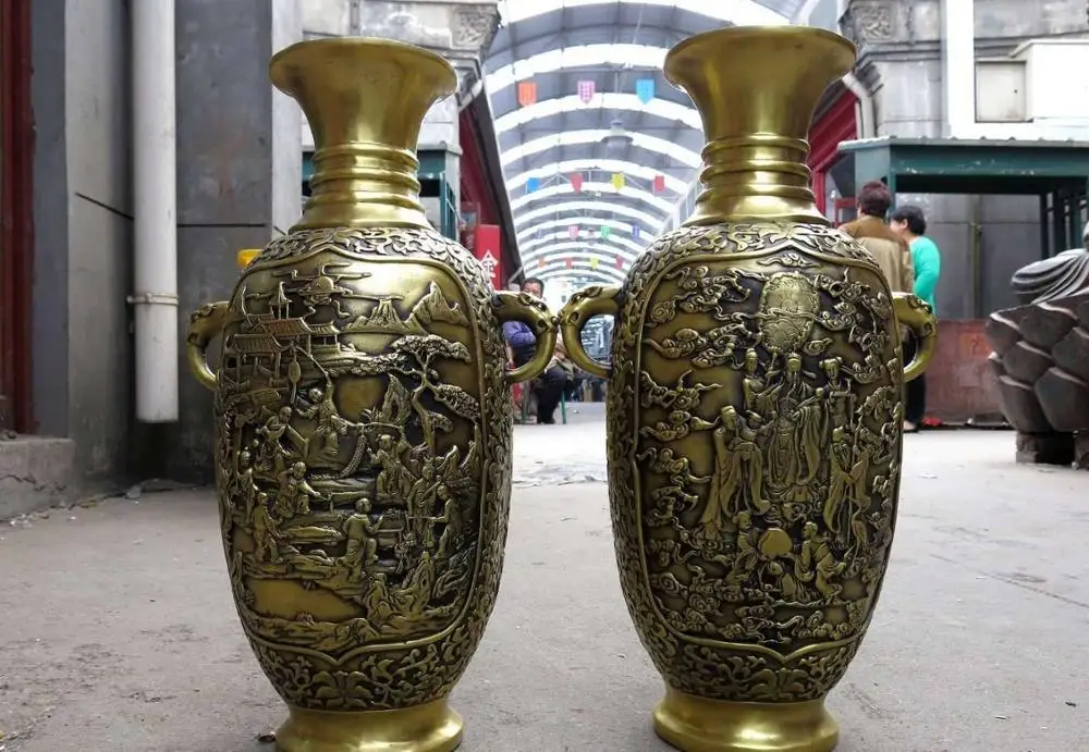 

22" China brass copper carved immortal pavilions Vases pair Sculpture Statue