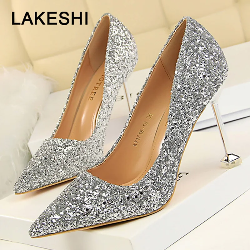 

Women Pumps 2019 Spring High Heels Women Shoes Silver Wedding Shoes New Women Party Shoes Gold Bling Kitten Heels Sexy Stiletto
