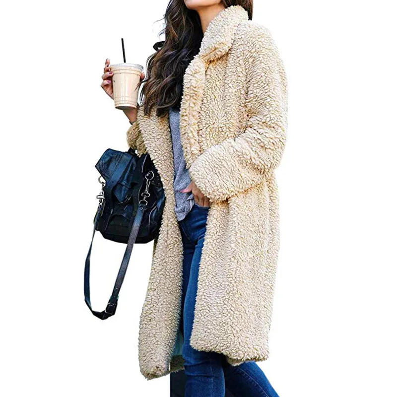 

New 2019 Plush Coat Winter Women Lamb Fur Thicken Warm Long Sleeve Solid Color Female Jackets Overcoat Outwear Fur Coat Long
