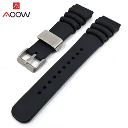 Black Silicone Sport Strap with Stainless Steel Holder - Waterproof Rubber Bracelet Band - 22mm (Black)
