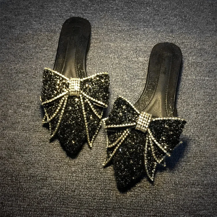 

Glitter Woman Slipper Pointed Toe Woman Shoes Low Heel Bow Tie Embellished Shoes Women Crystal Chic Women Slides Indoor Outdoor