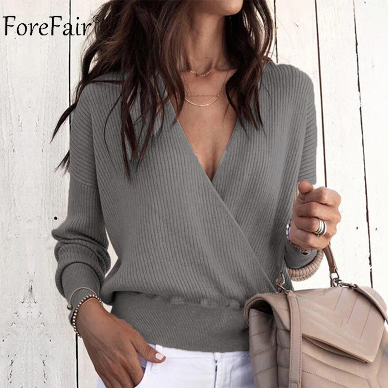 Forefair Winter V Neck Women Sweater 2018 Trendy Cross Casual Plus Size Long Sleeve Pullovers Knitted Sexy Sweater Female