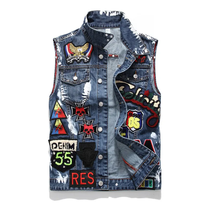 

Denim Vests Men's Punk Rock Style Cowboy Blue Jeans Waistcoat Skulls Letter Embroidery Male Motorcycle Jacket Sleeveless Tanks