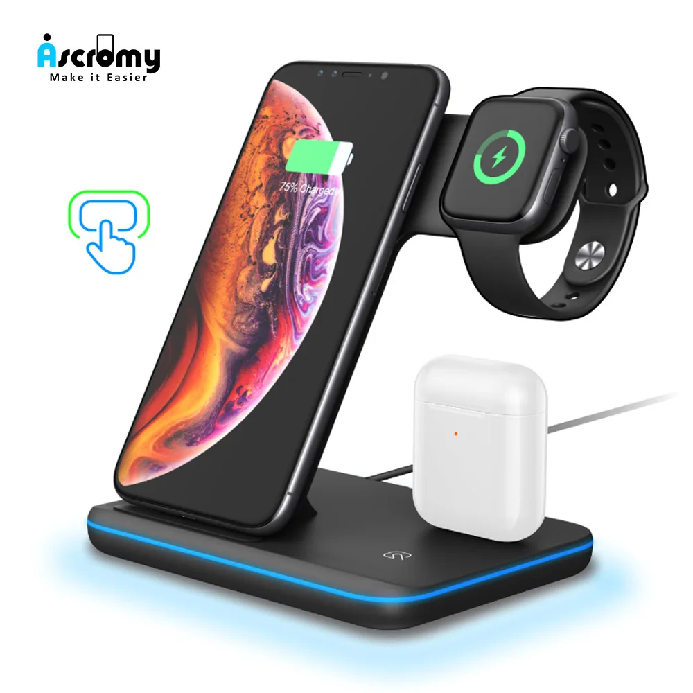Ascromy 3 в 1 Qi Беспроводная док станция для зарядного устройства Apple watch4 airpods iPhone XS XR