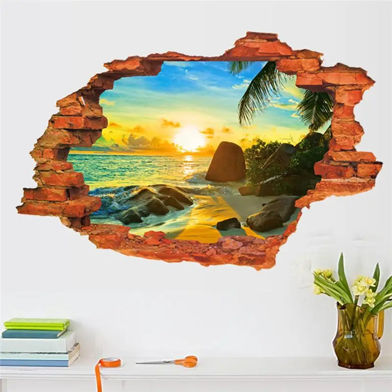 sea beach through the wall stickers bedroom decorations 8024D. home