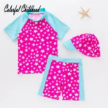 Милый принт со звездой, летние бикини для девочек, топы+ шорты+ шляпа, 3 предмета, купальный костюм, Детские купальники, детская пляжная одежда