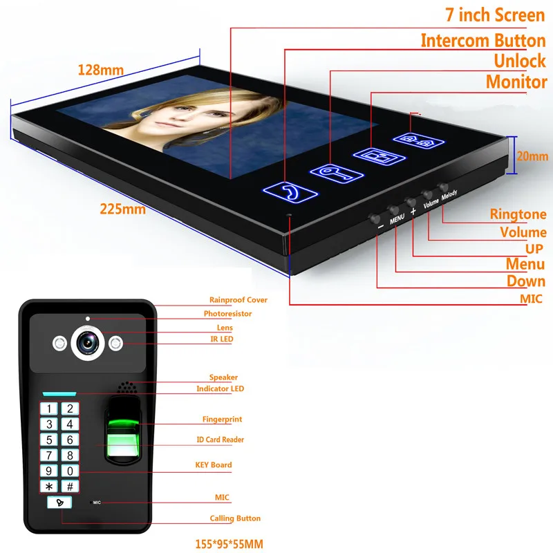 Yobang безопасности 7 "2 Мониторы проводной/Беспроводной Wi-Fi видео дверь домофон Системы с отпечатков пальцев RFID пароль cam