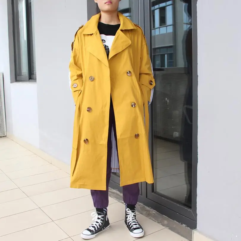 Femme Bande Manches Yellow À Taille Style Gx1355 Manteaux Survêtement Mode Décontracté De Longues Mince Patchwork Long Ceintures Double Trench Boutonnage wtqFrt7