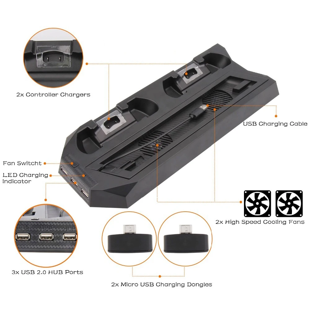  PS4 2 In 1 Vertical Stand with Dual Controller Charging Station Dock 3 HUB Port Cooling fan for Son