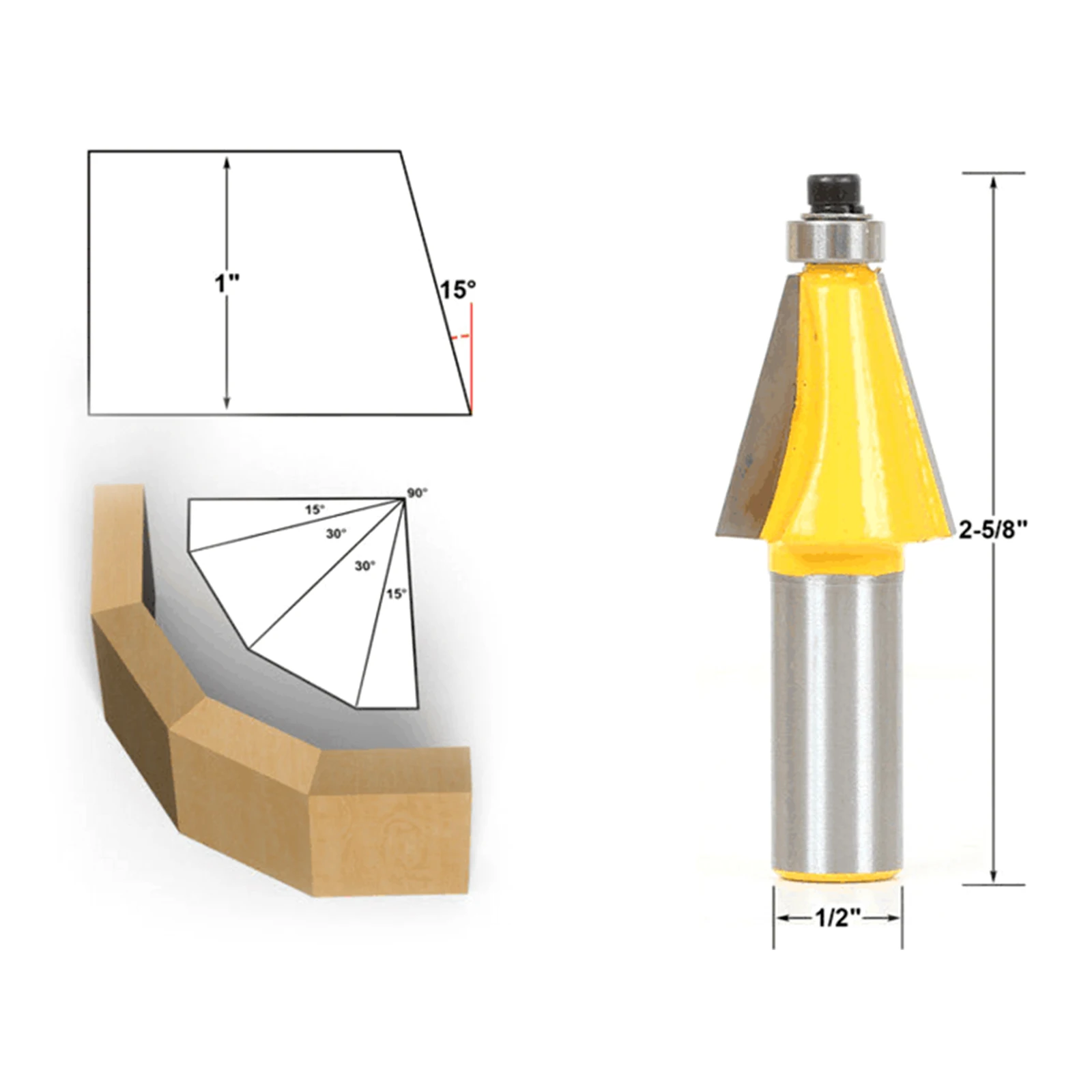 DRELD 1pc Woodworking Capenter Tools 1/2" Shank 15 Degree Chamfer