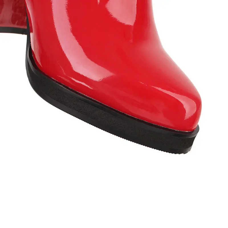 Red Gold Silver Black Patent Leather Boots Women Winter Knee High Boots Ladies Fashion Thick Heel Round Toe Long Boots
