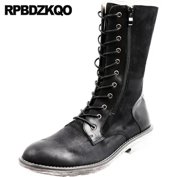 

Full Grain Leather Retro Mid Calf Men Shoes Designer High Quality Fall Lace Up Zipper Boots Combat Genuine Army Military Black