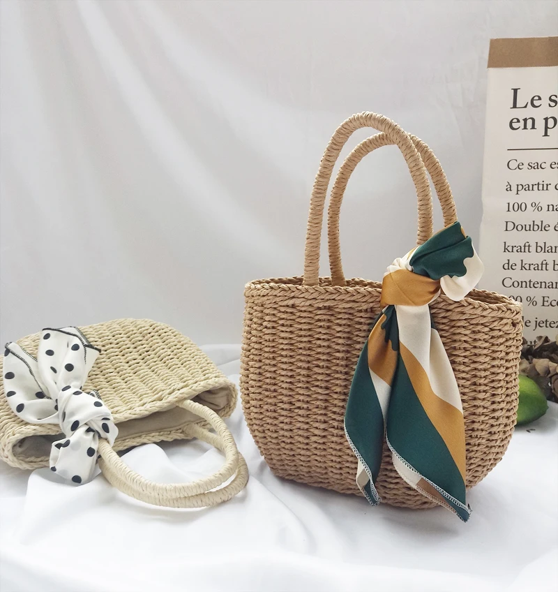 

Ins Handmade Woven Women's Straw Bags Casual Rattan Top Handle Basket Bag Bohemian Beach Tote Handbags Purse Lady Hand Bags
