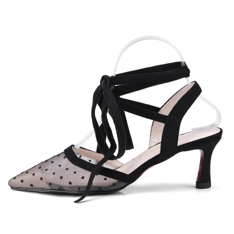 2018 Summer Elegant Lace Mesh Sandals Polka Dot Pointed Toe Gladiator Shoes Woman High Heels Big Size 34-43 Strap Footwear Woman (23)