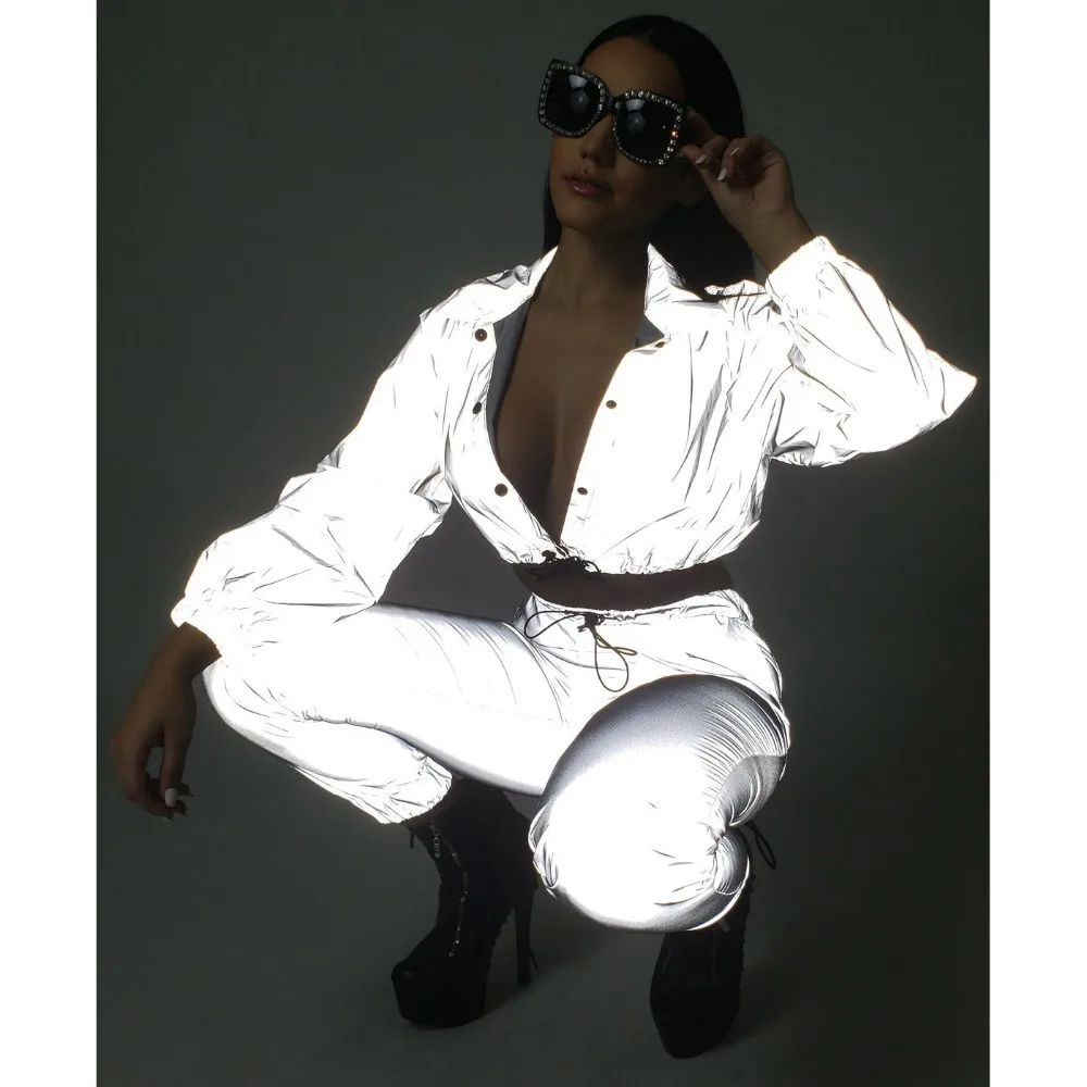 

2019 Sexy Reflective Two Piece Sets Pants Spring Autumn Outfits Women Cloth Night Club Wear Ankle Length Pants sets Sexy & Club