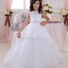 Романтичные элегантные вечерние и рождественские платья на шнуровке, с бантом, с сетчатой аппликацией, на молнии, с короткими рукавами, Белое Бальное Платье с глубоким вырезом для девочек 2-12 лет