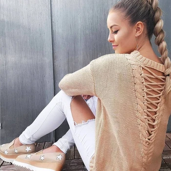 

Hot Fashion Lace Up Women Pullovers Long Sleeve Shirt Casual Fiber Knit Ladies Loose Tops Shirt Sweater