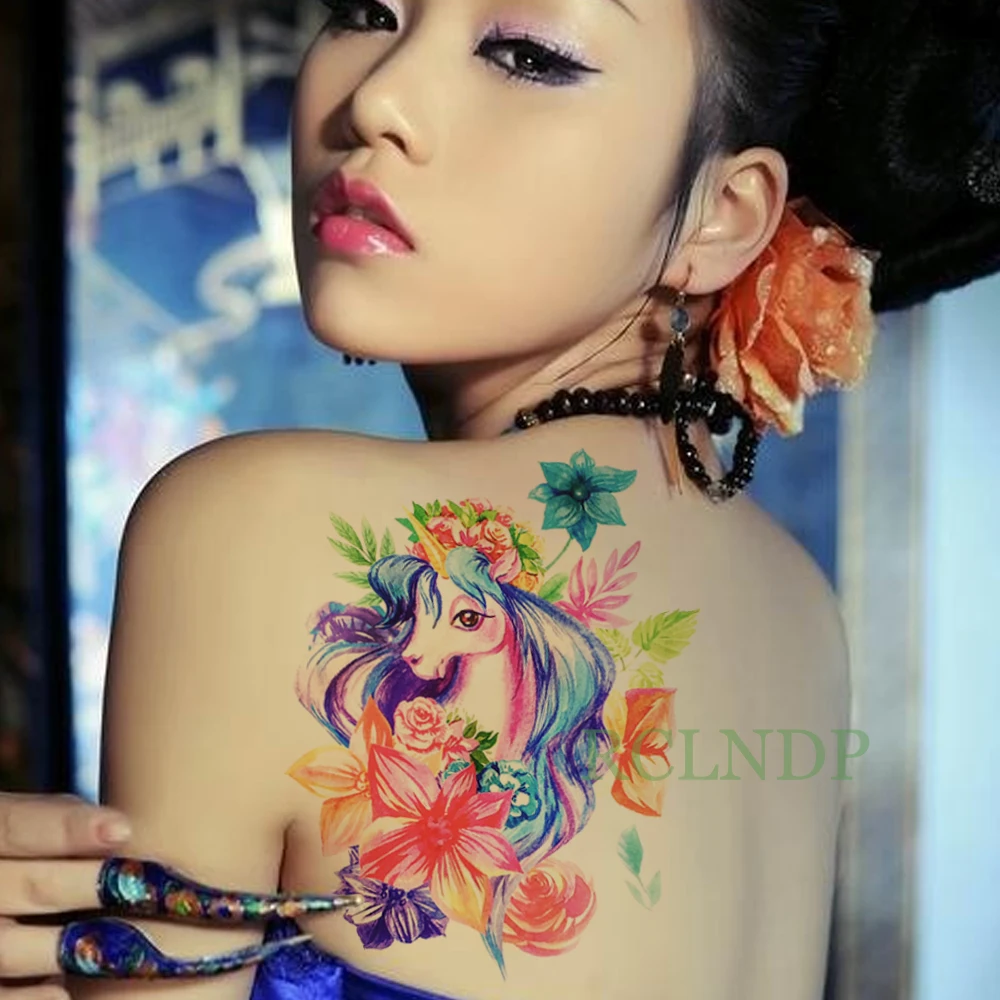 

Waterproof Temporary Tattoo Sticker Unicorn Rose Flower Fake Tatto Flash Tatoo Large size Tatouage Leg Arm for Women Men girl