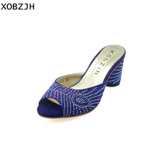 

XOBZJH 2018 Women Sandals Summer Luxury Fashion Party Peep-Toe Ladies Shoes Blue Crystal Heels Sandals 2.5 inch Plus Size