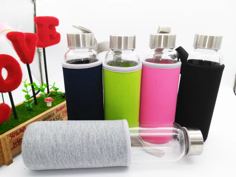 

High Quality Glass Water Bottle with protective bag 280ml,360ml,550ml Drinking glass teapot sports travel bottles