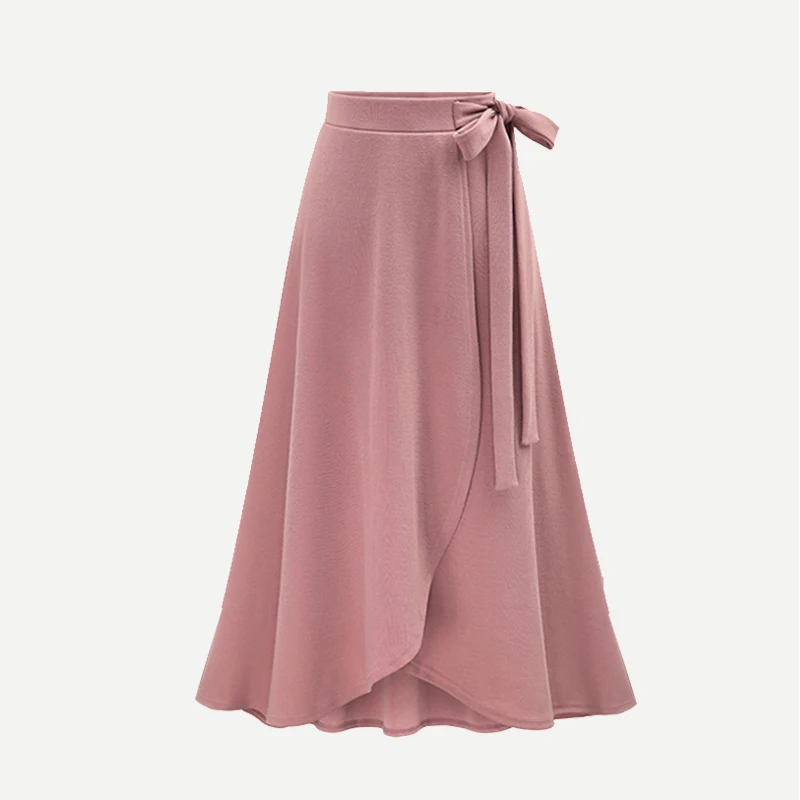 Шифоновая розовая Женская длинная юбка с рюшами, с высокой талией, с бантиком, с разрезом, асимметричные макси юбки для женщин, женская офисная одежда на весну и лето - Цвет: pink