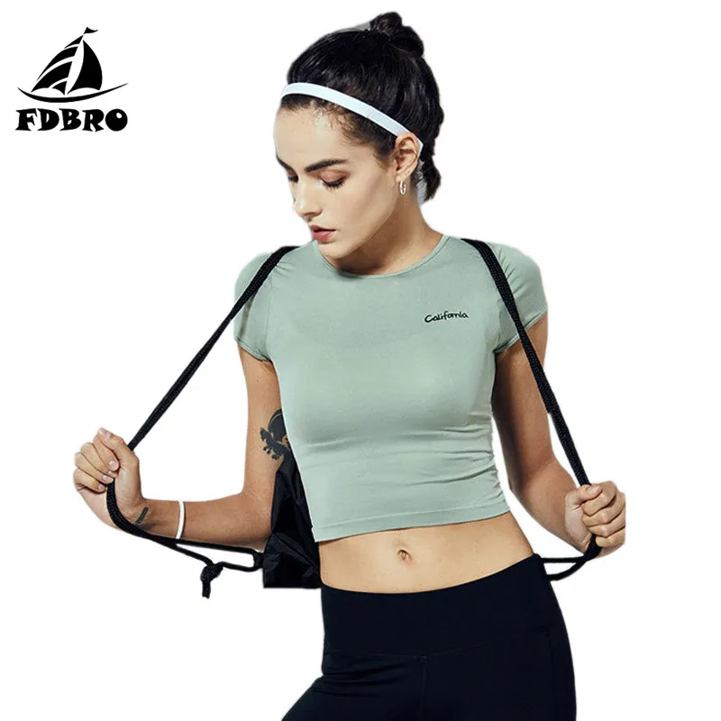 

FDBRO For Women Short Sleeves Dry Fit Sport Fitness Yoga Top Shirts Workout Clothes Activewear Girl Olive Gym Crop Top