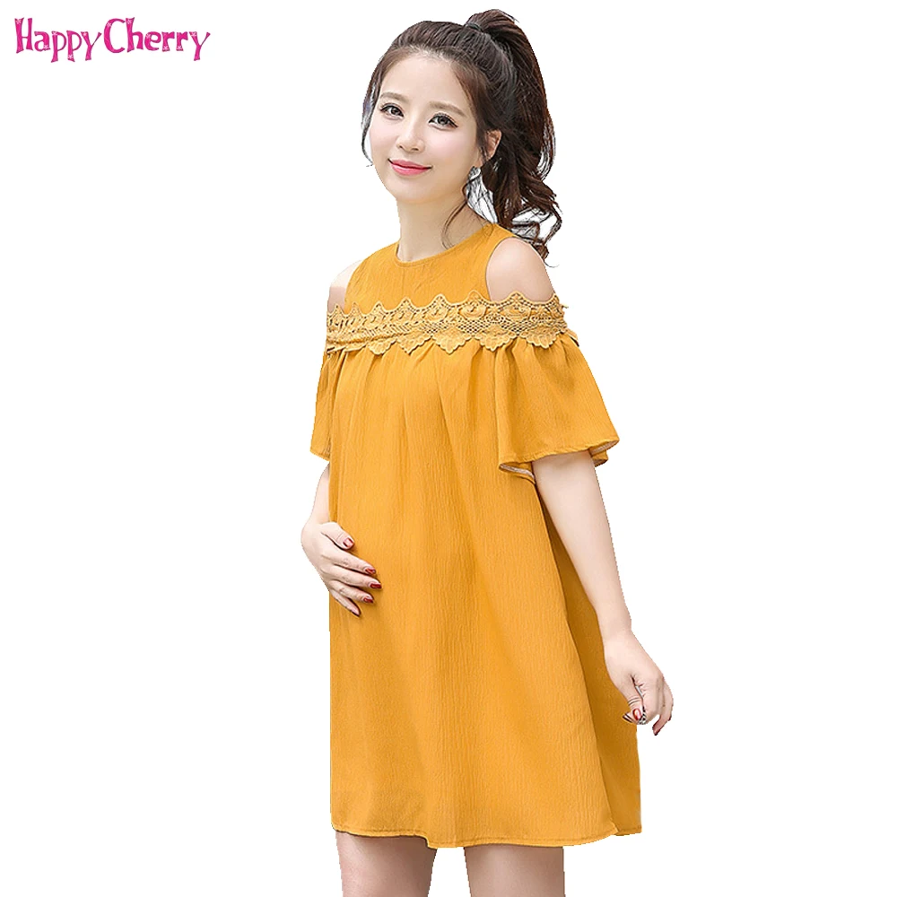 Happy Cherry Maternity Dress for Pregnancy Fashion Off Shoulder Lace