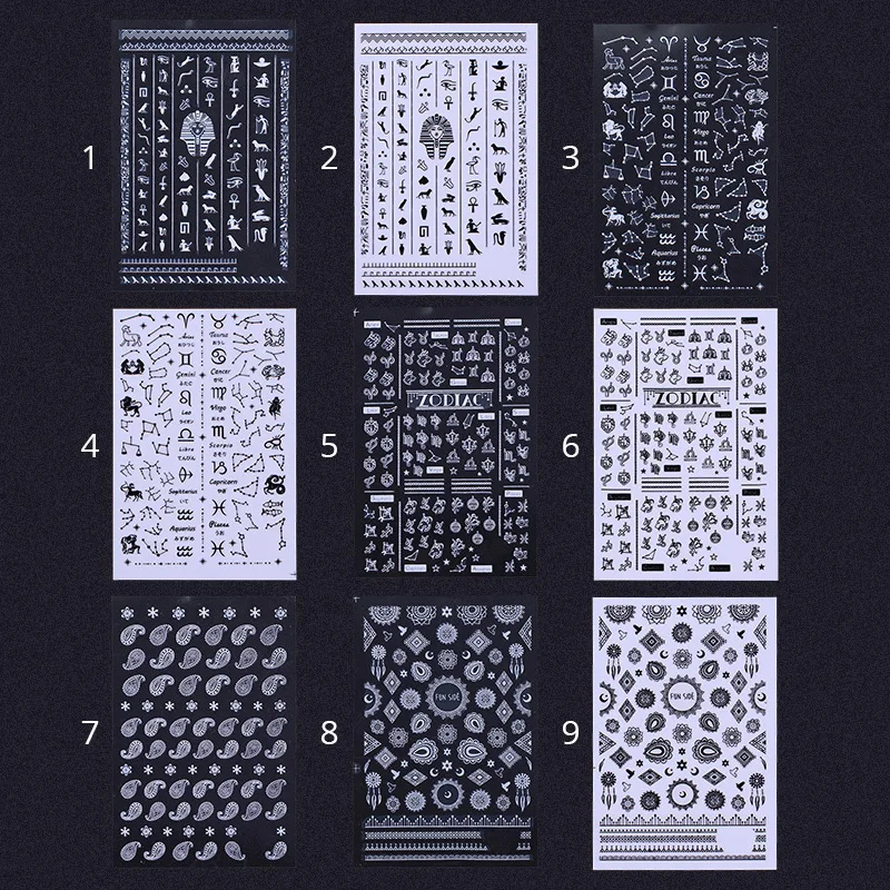 Черно-белая 3D наклейка для ногтей s египетский фараон Пейсли белая кружевная полоса цветок Созвездие клей для накладных ногтей переводная наклейка 1 шт