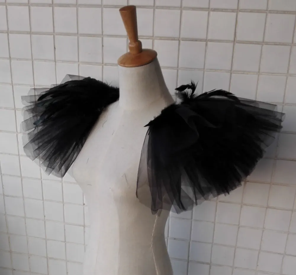 

handmade gathered bridal tulle shoulder epaulette with feather #FSP16001M