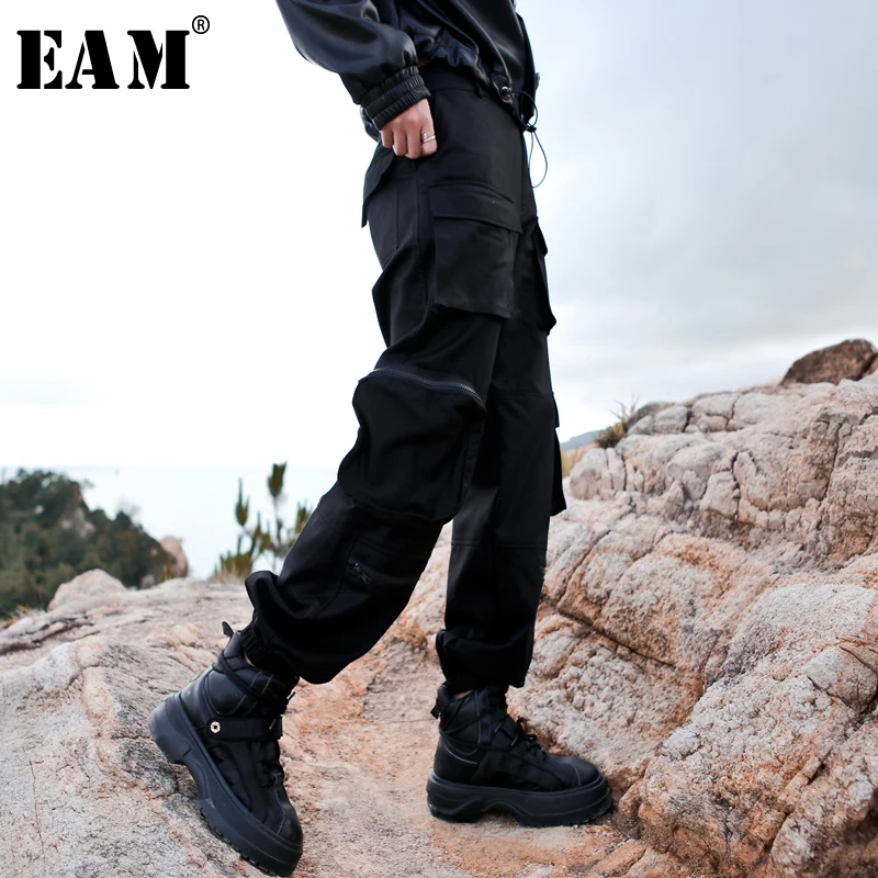 

[EAM] 2019 New Spring Autumn High Elastic Waist Long Loose Big Pockets Zipper Personality Pants Women Trousers Fashion JY411