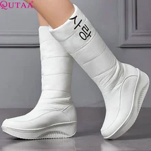 QUTAA 2017 Western White PU leather+Down Mid-Calf Round Toe Wedge Med Heel Boots Women Snow Boots Wedding Snow Boots Size 35-40