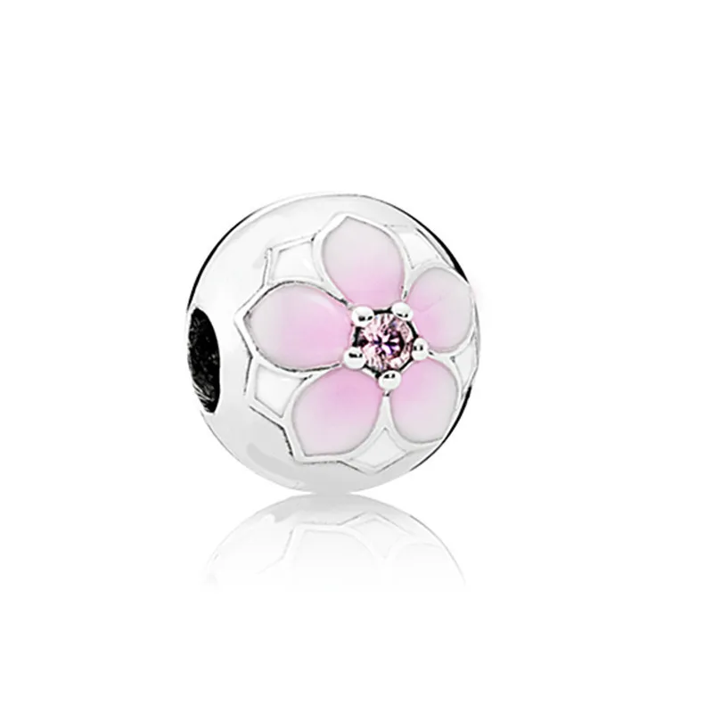 

5PCS Spring Style Magnolia Peach Blossom Pink Enamel Flower Big Hole Beads Fit Diy Pandora Bracelet Necklace Jewelry Accessories