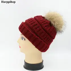 2017 для девочек Pom Beanie теплая вязаная bobble дети Мех животных Помпоном Hat Дети реального енота Мех животных помпоном зимняя шапка Кепки