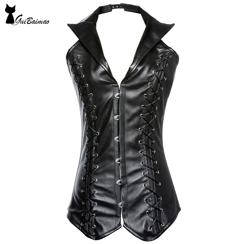 Vintage Style Corset Jacket Lace Up Halter PVC Corsetin Bustiers & Corsets from Underwear