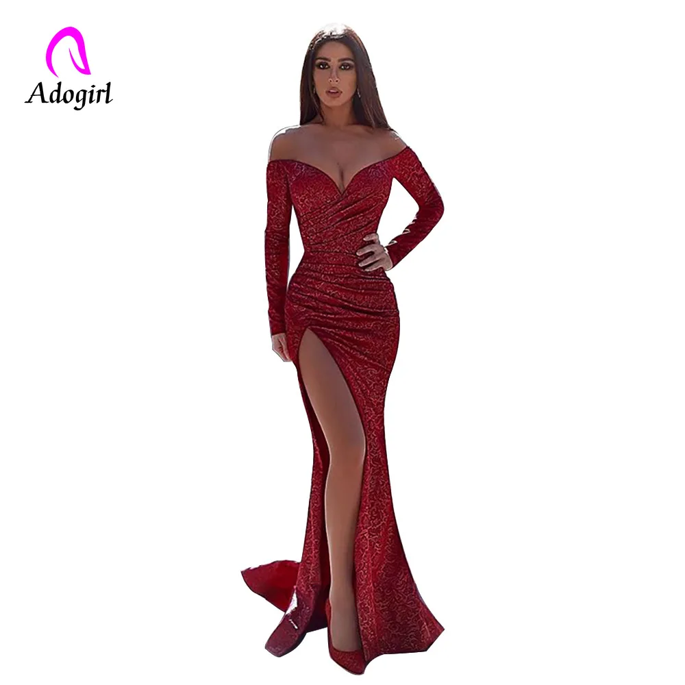 

Adogirl Off Shoulder Long Sleeve Maxi Dress Deep V Neck High Split Full Length Party Dress Elegant Women Red Sequin Evening Wear