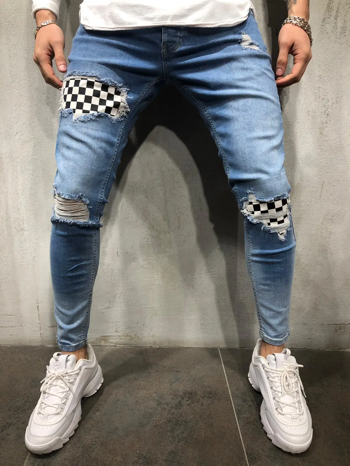 Модные мужские рваные мужские байкерские джинсы брюки с рваными краями и потертостями Slim Fit джинсовые брюки стильные мужские рваные джинсовые брюки C1329