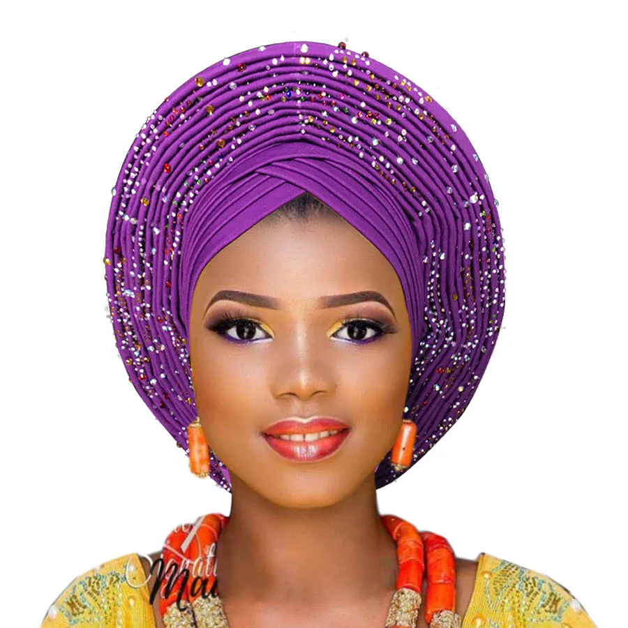

2018 New Arrival aso oke gele with beads african turban for women