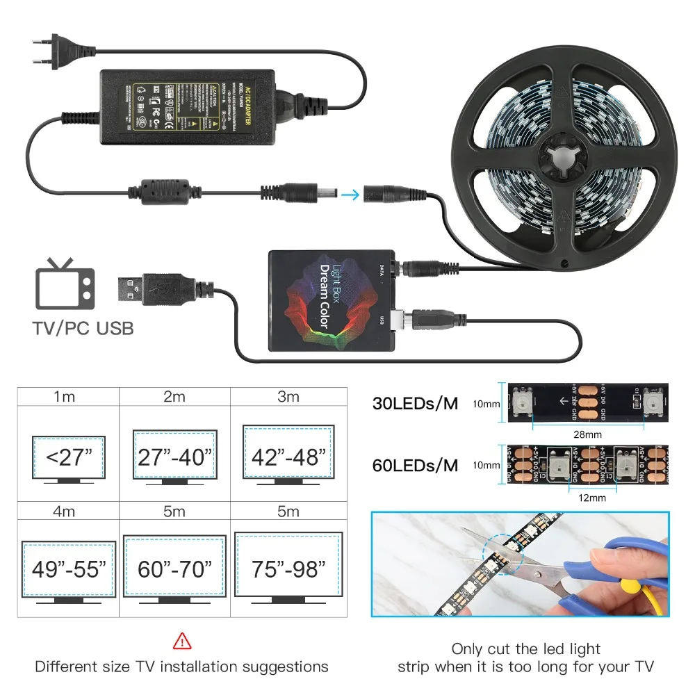 Дешево 5V WS2812B font b USB b font светодиодные полосы света 5050 RGB Мечта Цвет Ambilight комплект для HDTV Настольный ПК экран фоновое освещение 1 м 2 м 3 м 4 м 5 м