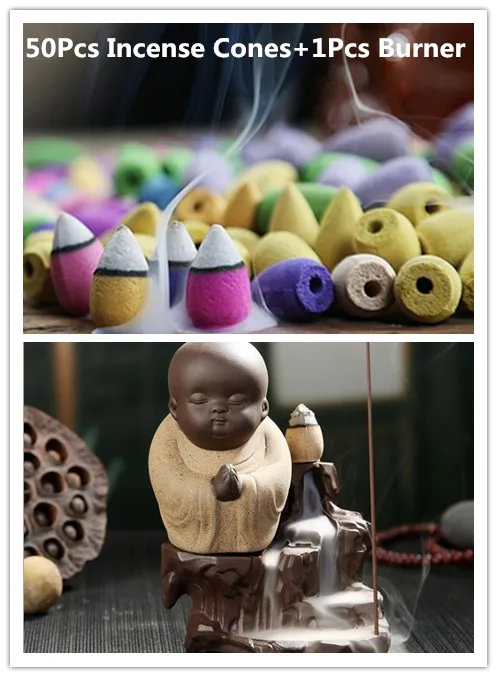 Khaki with 50Incense 50 шт. благовония конусы+ горелка творческий домашний Декор маленький монах кадило в виде маленького Будды обратного потока благовония горелки использовать в домашних условиях Teaho - Цвет: Khaki with 50Incense