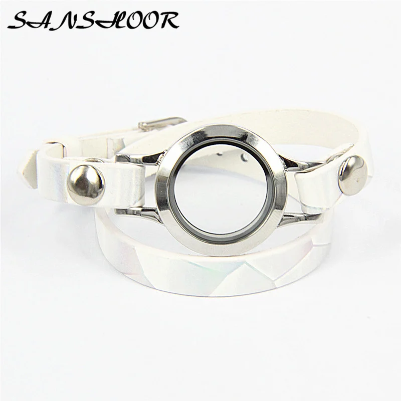 

SANSHOOR 35cm White and Grey Color Pu Leather Bracelet Fit Twist Stainless Steel Silver Locket For Women As Mother's Day Gifts
