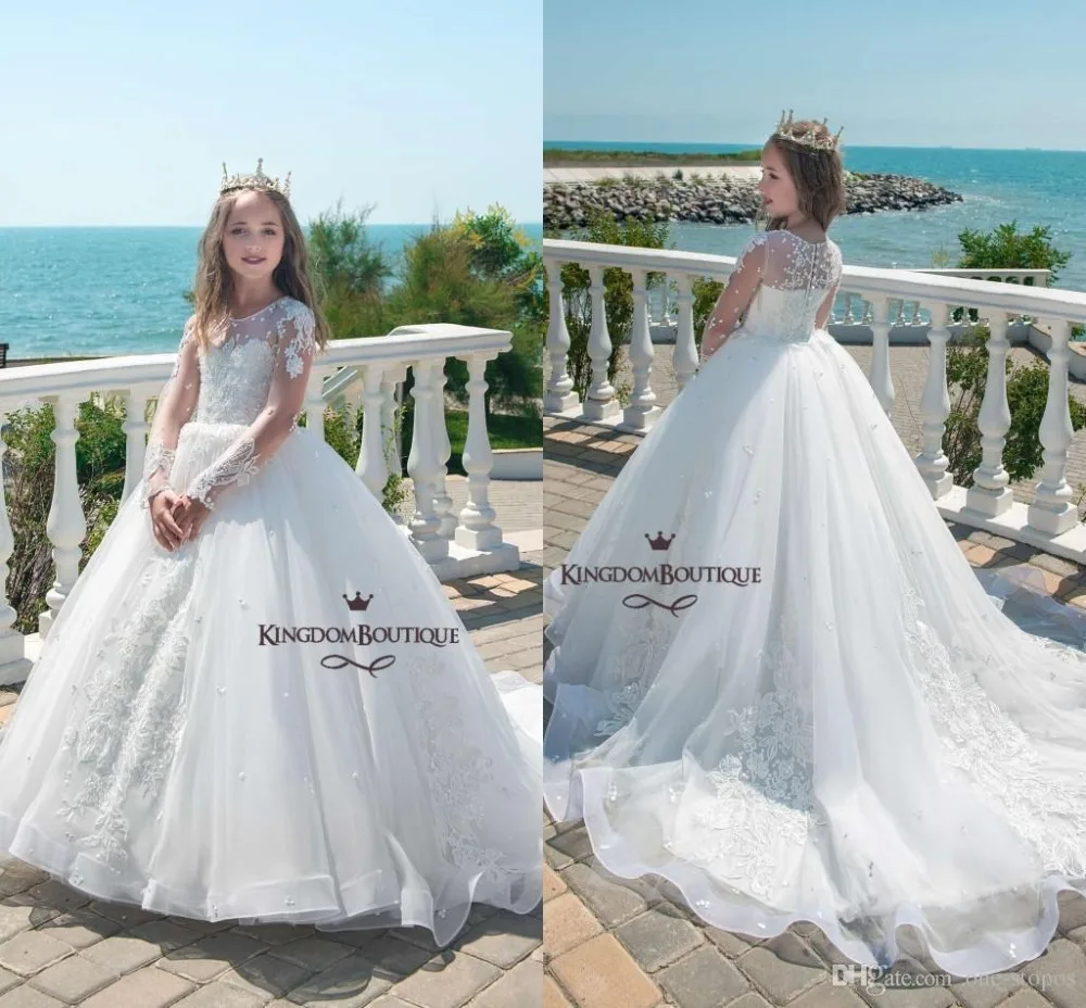 White Ball Gowns Princess Kids Wedding Dresses 2019 Lace Appliques
