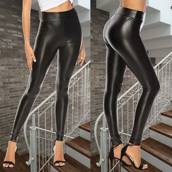 

New Arrivals Fashion Female High Waist Tight Skinny Pu Leather Pants Elastic Skinny Pants Slim Black Trousers High Quality