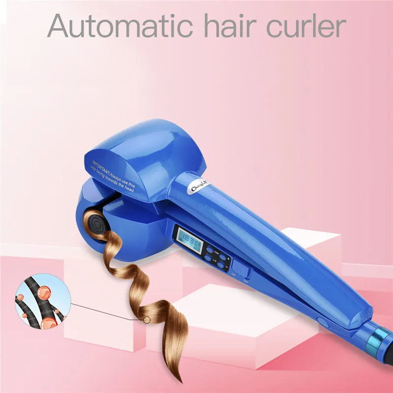 Automatic Hair Curler Ceramic Wave Curling Iron Adjustable Temperature Curling Wand Hair Styler Tool LCD Display Electric Curl - Цвет: Синий