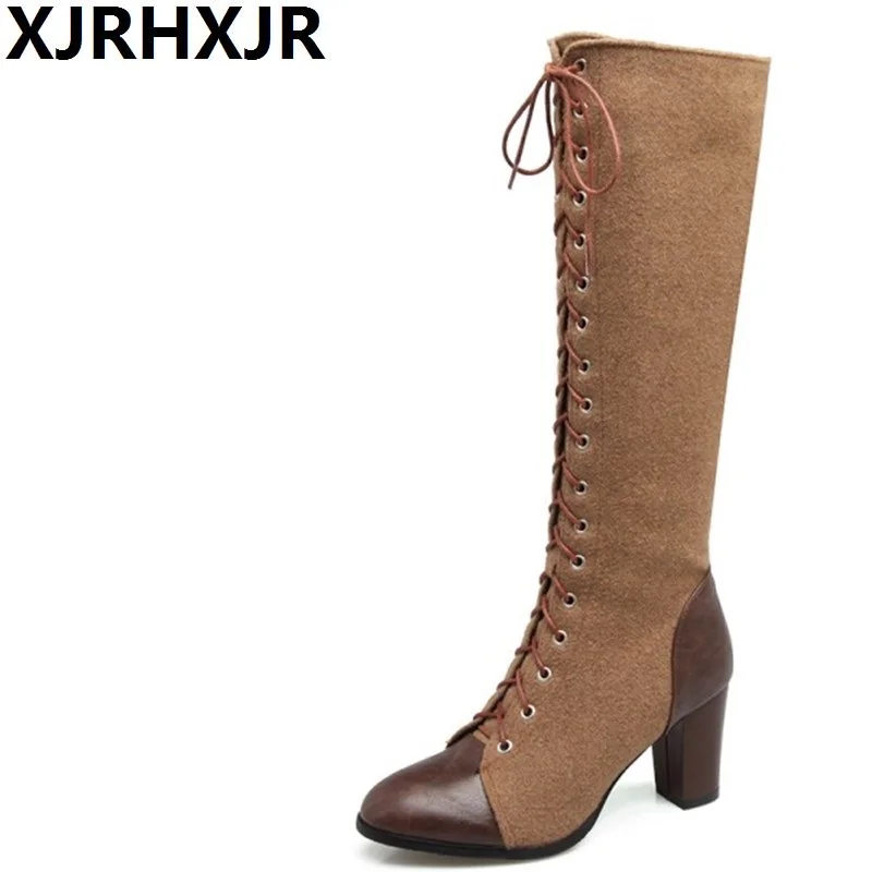

XJRHXJR Elegant Patchwork Cross Straps Riding Boots Women Fashion Thick Heels Side Zipper Round Toe Knee High Boots Size 33-48