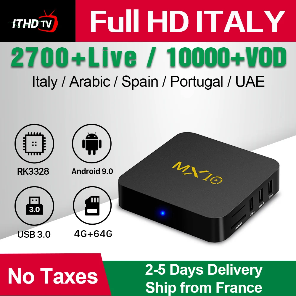 

IPTV Italy Spain Portugal Turkey France IP TV MX10 Android 9.1 4G+64G USB3.0 IPTV Italy France Arabic IP TV Code 1 Year IPTV Box